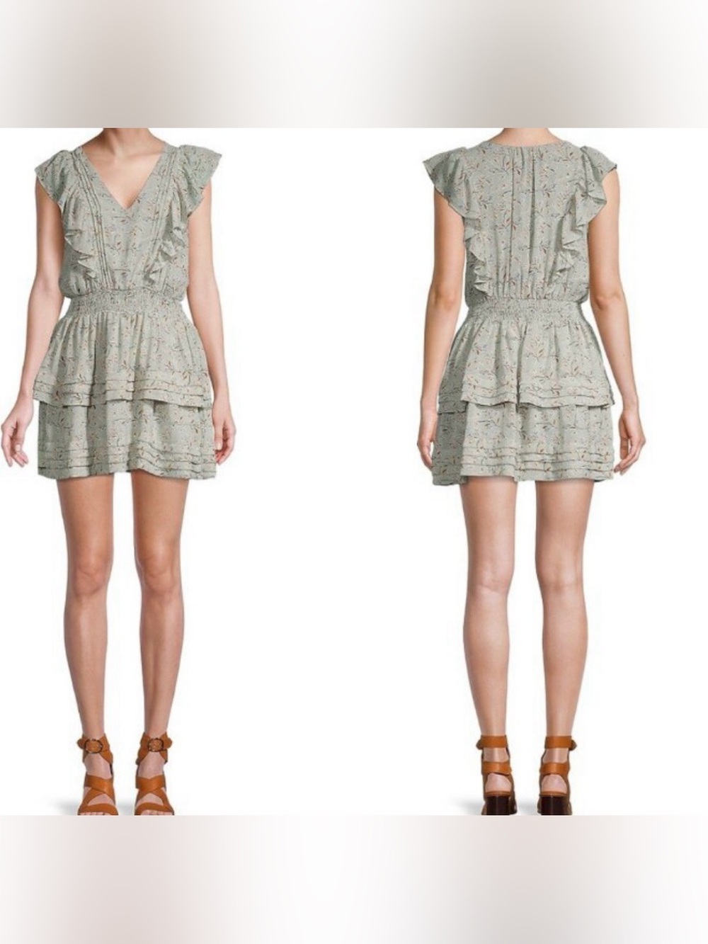 Smocked Waist Sage Floral Mini Dress with Ruffle Sleeves